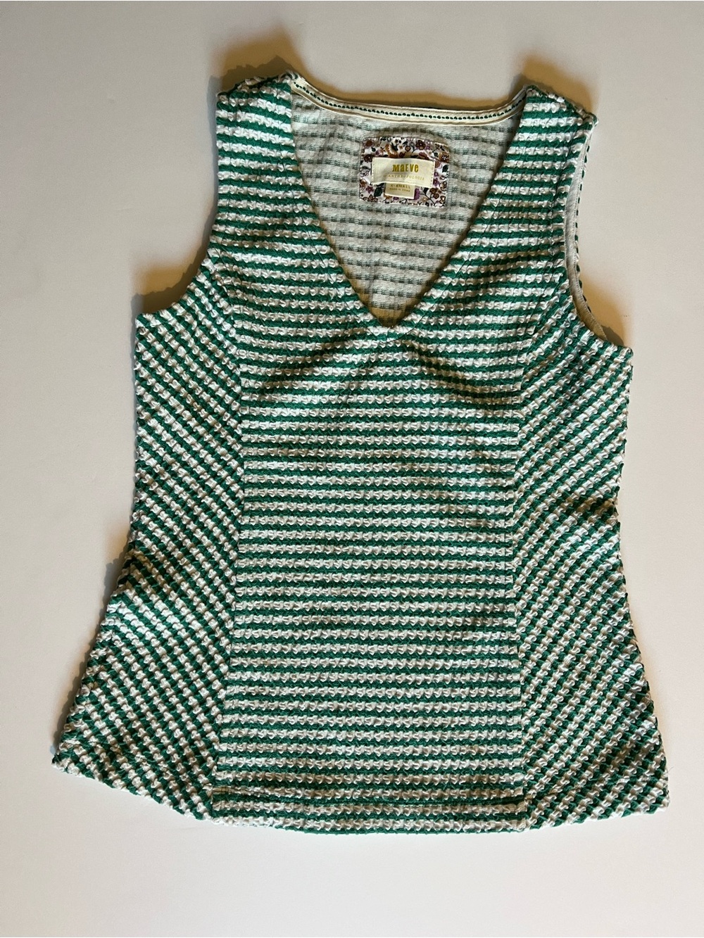 Maeve Anthropologie Green & White Striped V-Neck Knit Tank XS